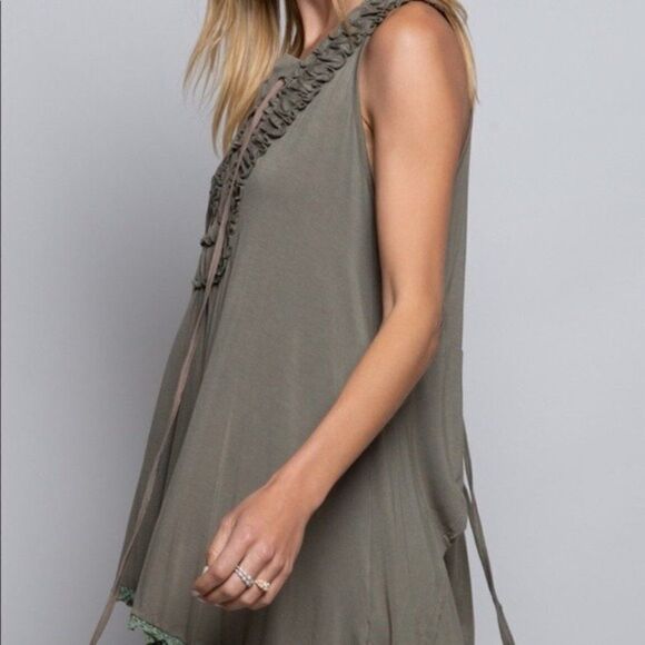 tunic Top with Ruffled Lace Up Olive Sleeveless - Picture 7 of 15